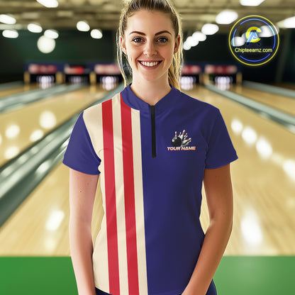 Red, White and Blue Retro Bowling Shirts For Women custom patriotic bowling outfits team jerseys NQS11167