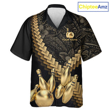 Load image into Gallery viewer, Custom Black and Gold tribal pattern Bowling Button-up Hawaiian Shirt, Team Bowling League jersey NQS11591