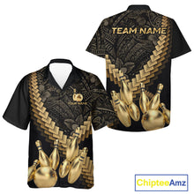 Load image into Gallery viewer, Custom Black and Gold tribal pattern Bowling Button-up Hawaiian Shirt, Team Bowling League jersey NQS11591