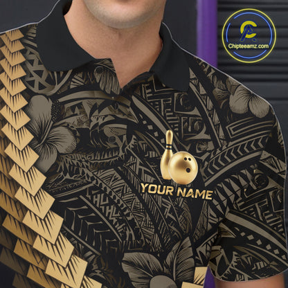 Custom Black and Gold tribal pattern Bowling Polo, 1/4 zip Shirts For Men, Team Bowling League jersey NQS11591