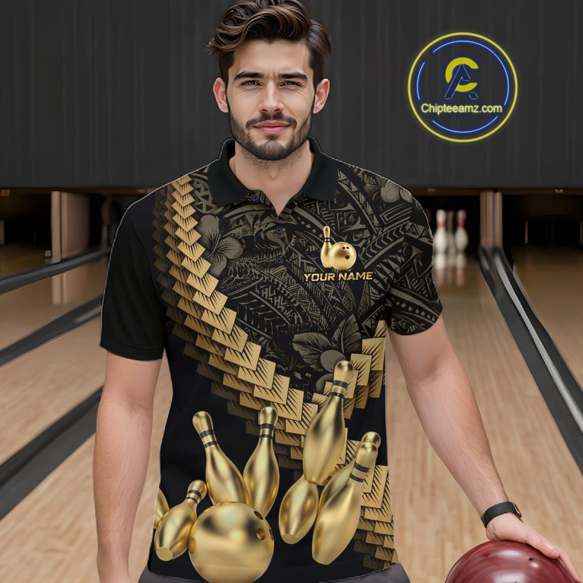 Custom Black and Gold tribal pattern Bowling Polo, 1/4 zip Shirts For Men, Team Bowling League jersey NQS11591