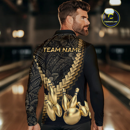 Custom Black and Gold tribal pattern Bowling Polo, 1/4 zip Shirts For Men, Team Bowling League jersey NQS11591