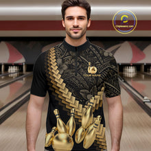 Load image into Gallery viewer, Custom Black and Gold tribal pattern Bowling Polo, 1/4 zip Shirts For Men, Team Bowling League jersey NQS11591