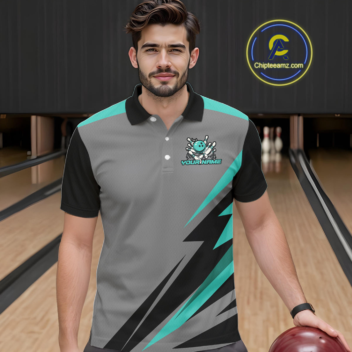 Personalized Gray and Turquoise Bowling Team Shirts For Men Custom Bowling Polo, Quarter Zip Shirts NQS10822
