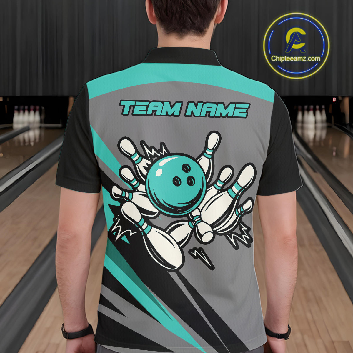 Personalized Gray and Turquoise Bowling Team Shirts For Men Custom Bowling Polo, Quarter Zip Shirts NQS10822