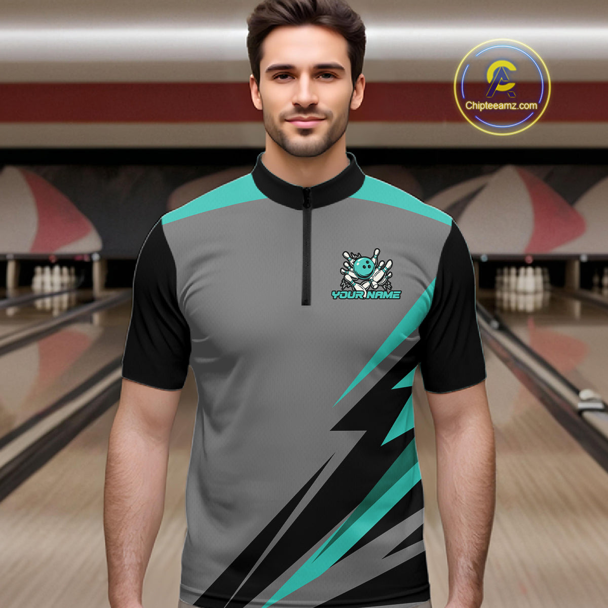 Personalized Gray and Turquoise Bowling Team Shirts For Men Custom Bowling Polo, Quarter Zip Shirts NQS10822