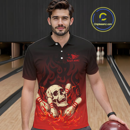 Red Skull Bowling Shirts With Flames custom quarter zip, polo team jerseys, bowling jerseys men NQS10998