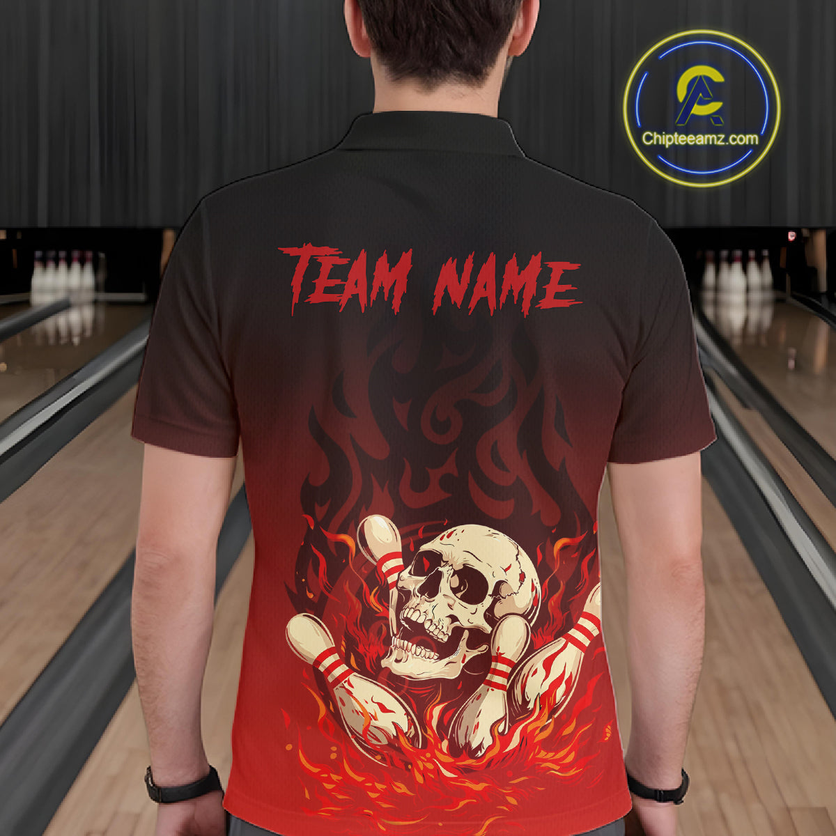 Red Skull Bowling Shirts With Flames custom quarter zip, polo team jerseys, bowling jerseys men NQS10998