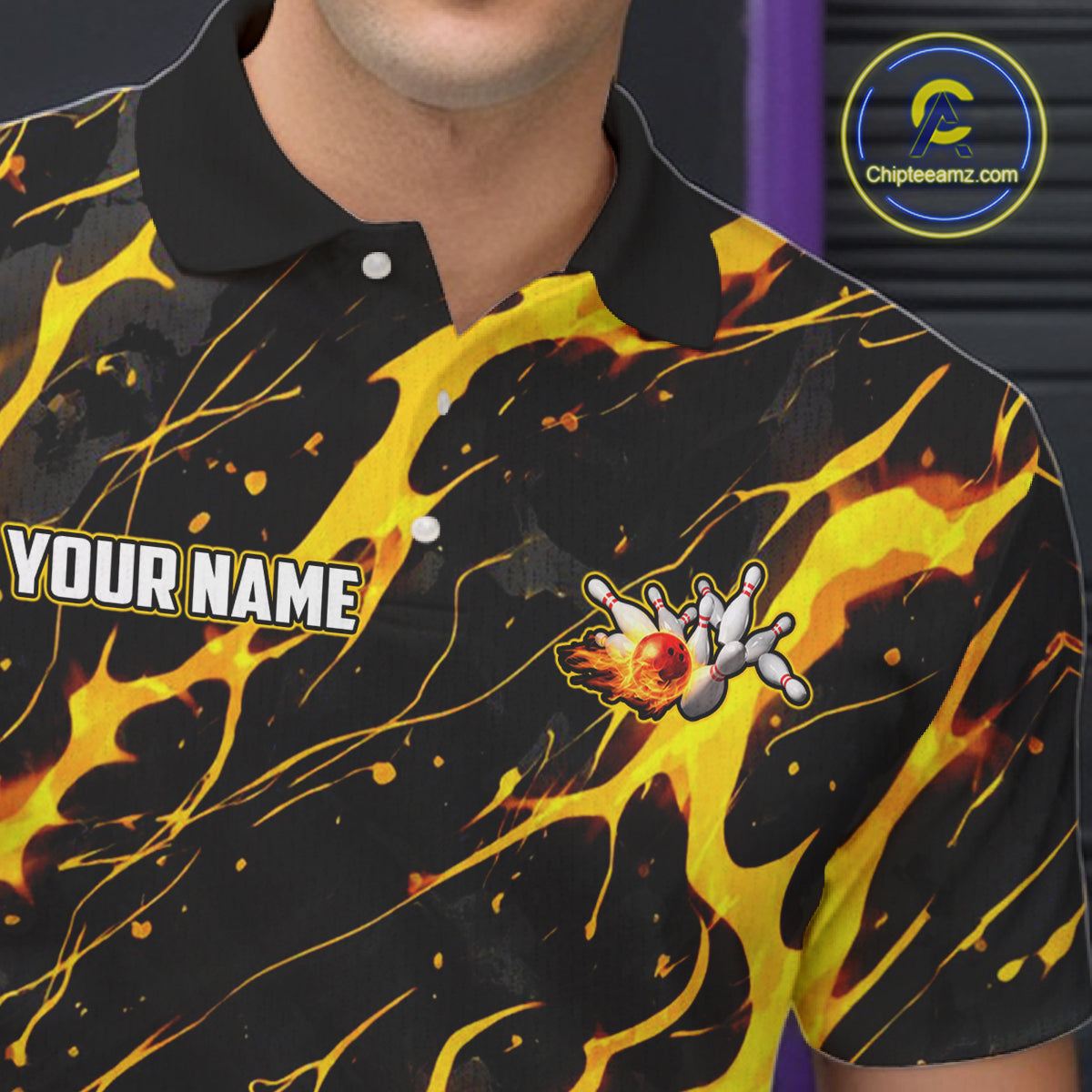 Custom Black and Gold Lightning Thunder Lion Bowling Shirts for Men, Lion Team Bowling League Jerseys NQS11600