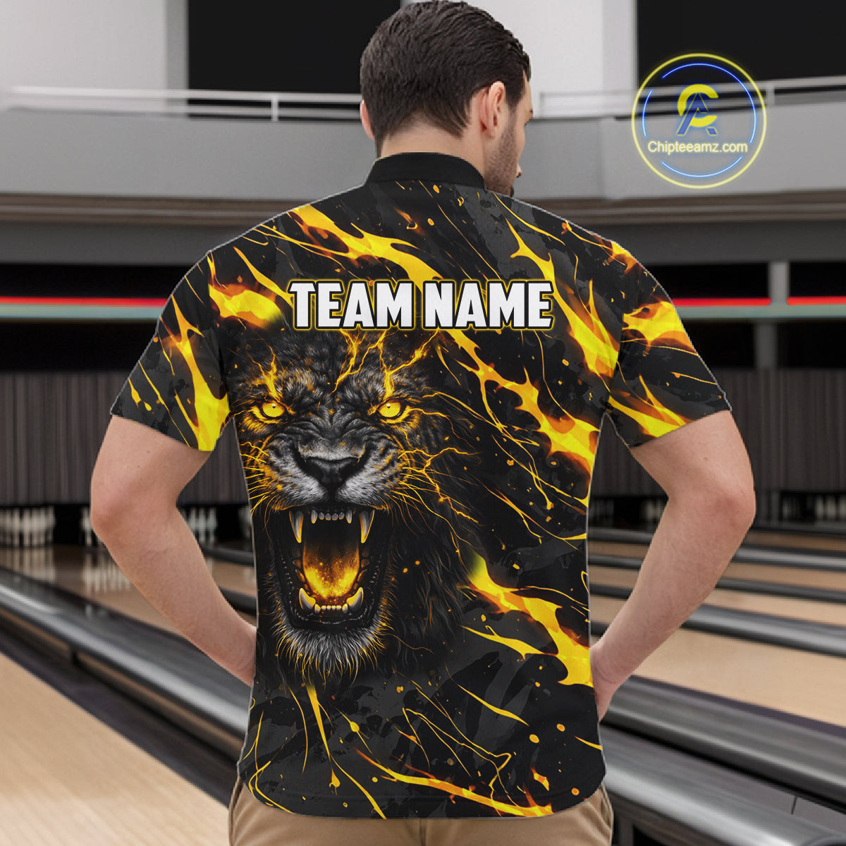 Custom Black and Gold Lightning Thunder Lion Bowling Shirts for Men, Lion Team Bowling League Jerseys NQS11600