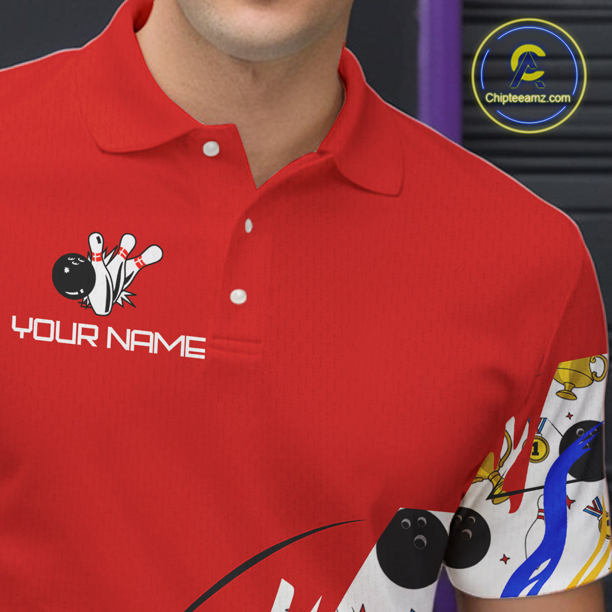 Red Bowling pattern Bowling Team Polo, Quarter Zip Shirt For Men Custom Mens Bowling Jersey NQS10825