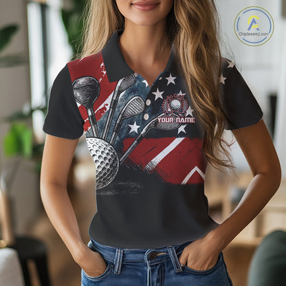 Personalized American Flag Golf Polo Shirts For Women, Patriotic Golf Gifts NQS10830