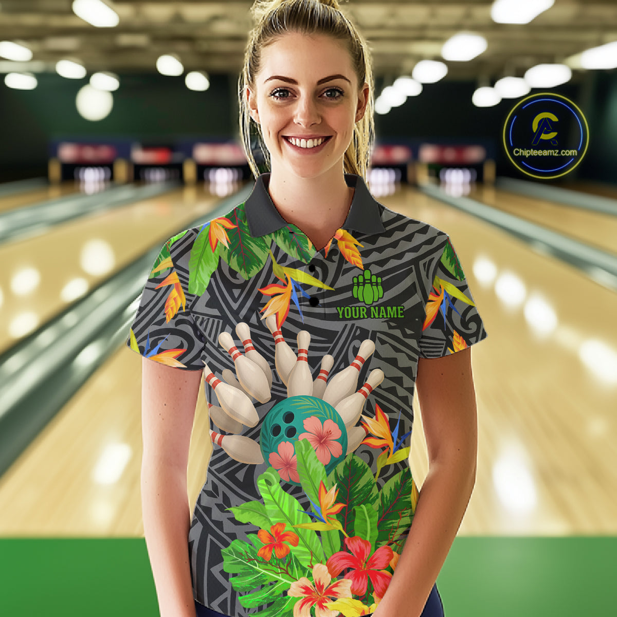 Green tropical flower tribal pattern Bowling Shirts For Women Custom Bowling Team Jerseys Outfit NQS11005