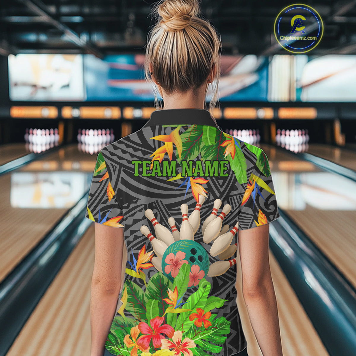 Green tropical flower tribal pattern Bowling Shirts For Women Custom Bowling Team Jerseys Outfit NQS11005