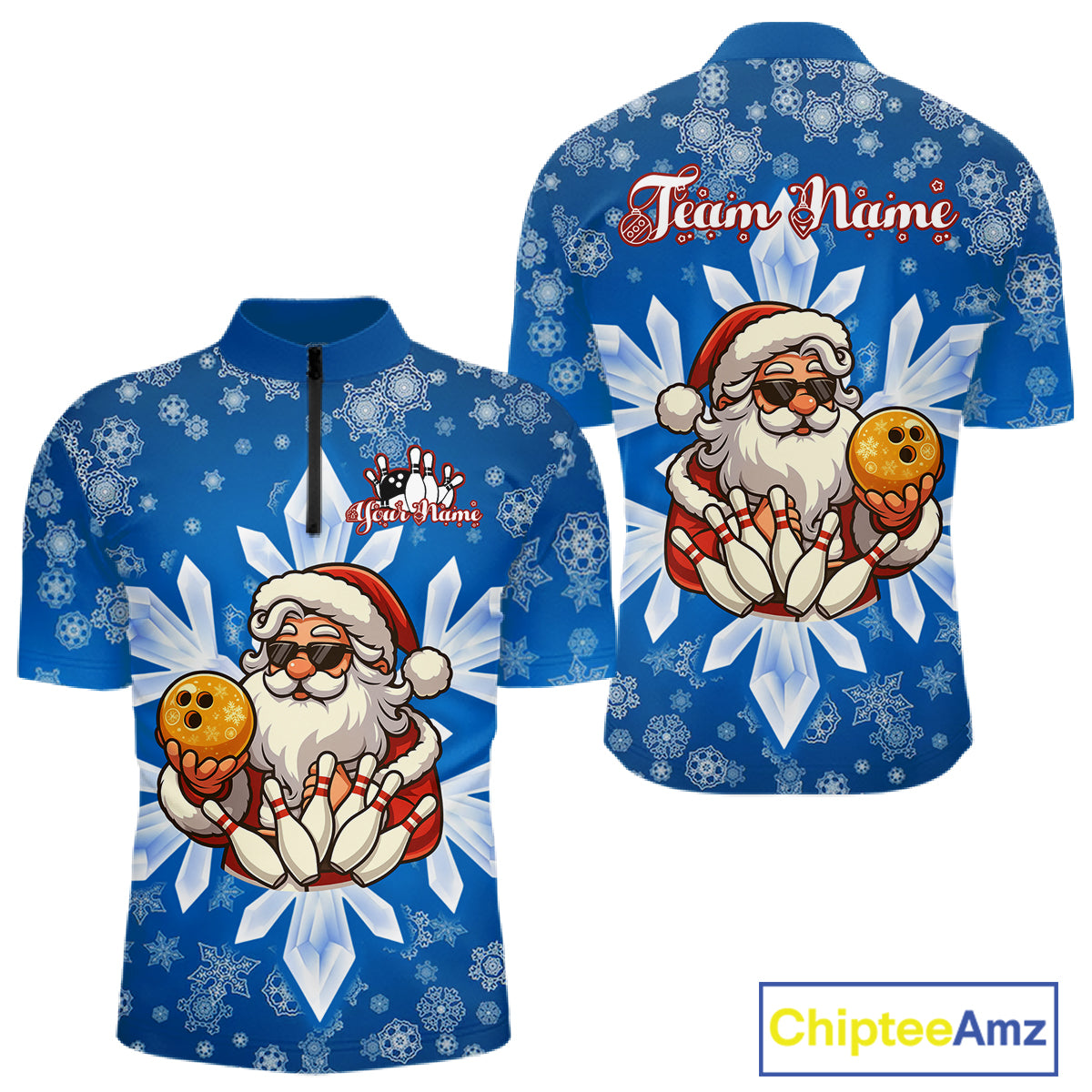 Blue Snowflake Funny Santa Bowling Shirts For Men Custom Christmas Bowling Team Jersey Xmas Gifts NQS11007