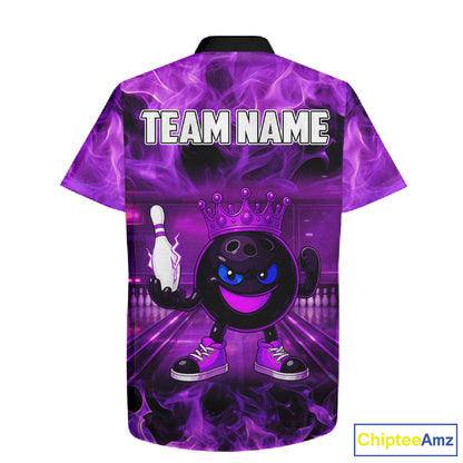 Funny Crown Bowling Purple Flame Bowling Button-up Shirt Custom Hawaiian Bowling Team Jersey NQS11721