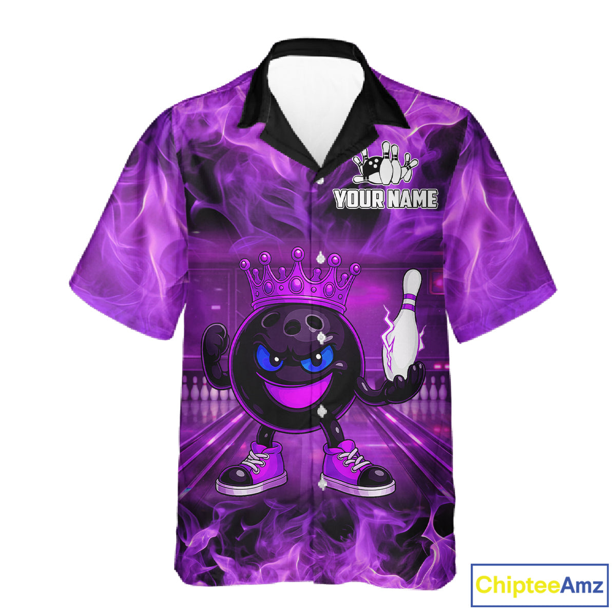 Funny Crown Bowling Purple Flame Bowling Button-up Shirt Custom Hawaiian Bowling Team Jersey NQS11721