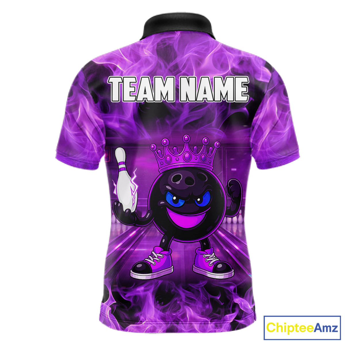 Funny Crown Bowling Purple Flame Bowling Polo, Quarter Zip Shirt For Men Custom Bowling Team Jersey NQS11721