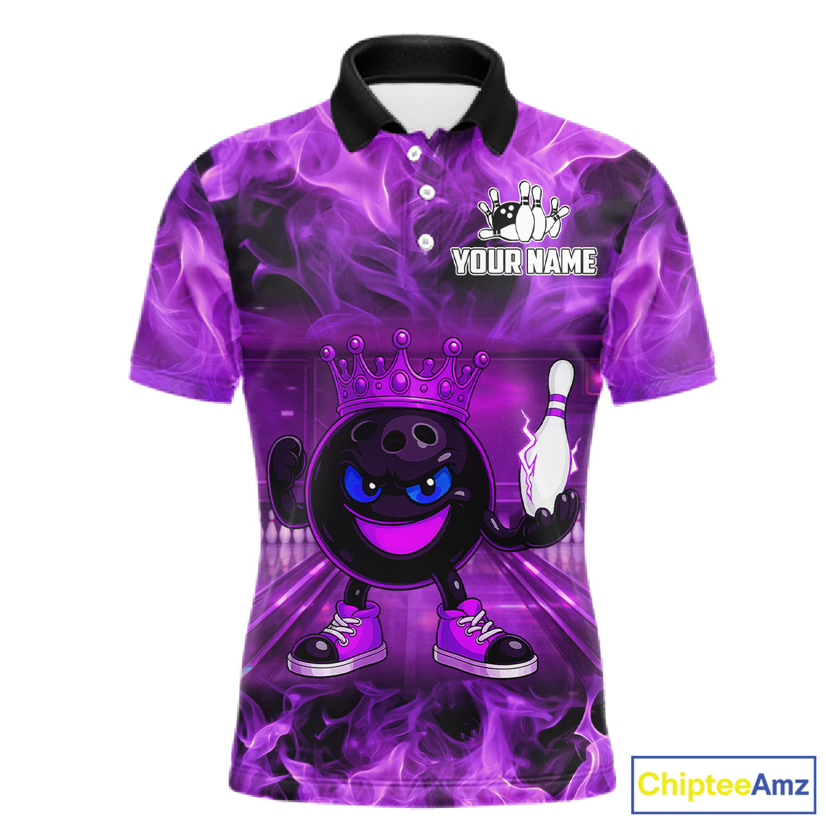 Funny Crown Bowling Purple Flame Bowling Polo, Quarter Zip Shirt For Men Custom Bowling Team Jersey NQS11721
