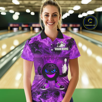 Funny Crown Bowling Purple Flame Bowling Polo, Quarter Zip Shirt For Women Custom Bowling Team Jersey NQS11721