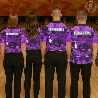 Funny Crown Bowling Purple Flame Bowling Polo, Quarter Zip Shirt For Men Custom Bowling Team Jersey NQS11721