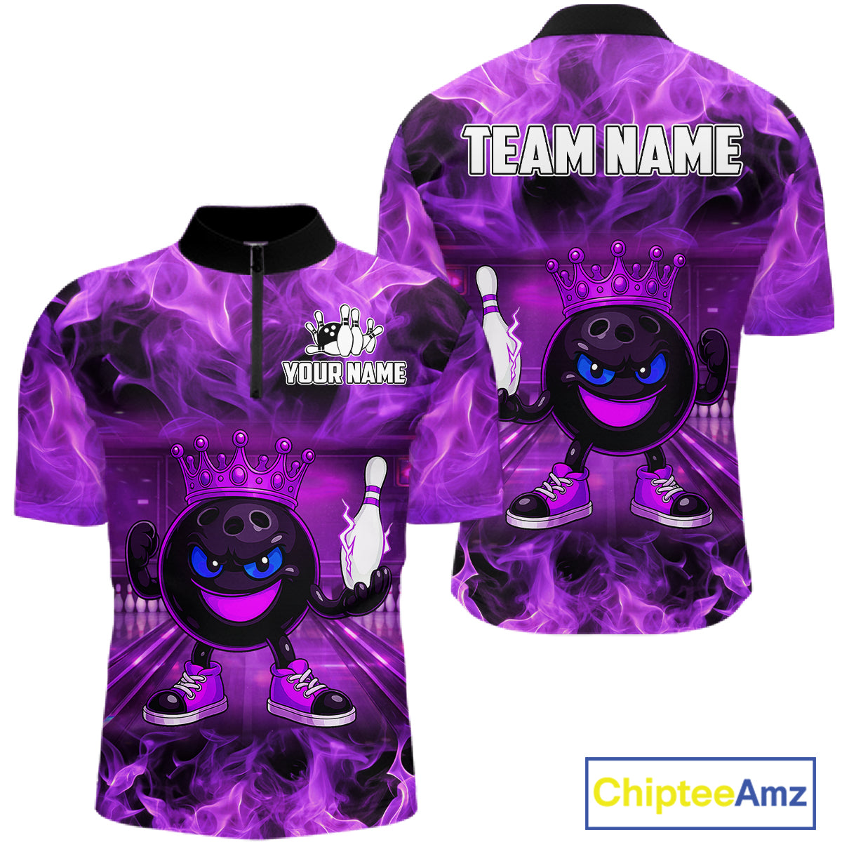 Funny Crown Bowling Purple Flame Bowling Polo, Quarter Zip Shirt For Men Custom Bowling Team Jersey NQS11721