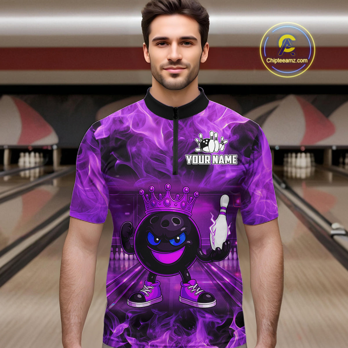 Funny Crown Bowling Purple Flame Bowling Polo, Quarter Zip Shirt For Men Custom Bowling Team Jersey NQS11721