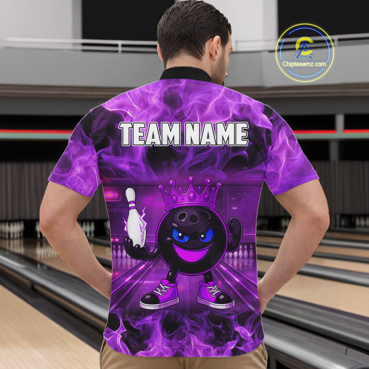 Funny Crown Bowling Purple Flame Bowling Polo, Quarter Zip Shirt For Men Custom Bowling Team Jersey NQS11721