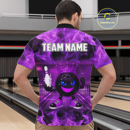 Funny Crown Bowling Purple Flame Bowling Polo, Quarter Zip Shirt For Men Custom Bowling Team Jersey NQS11721