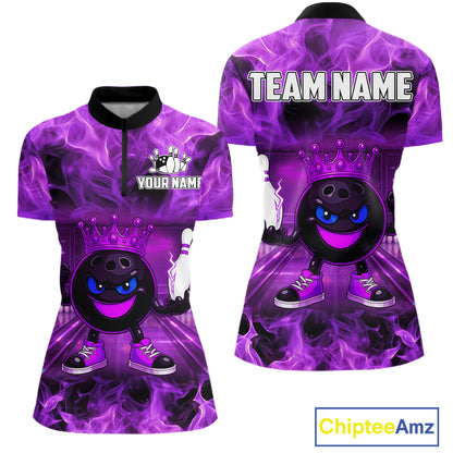 Funny Crown Bowling Purple Flame Bowling Polo, Quarter Zip Shirt For Women Custom Bowling Team Jersey NQS11721
