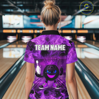 Funny Crown Bowling Purple Flame Bowling Polo, Quarter Zip Shirt For Women Custom Bowling Team Jersey NQS11721
