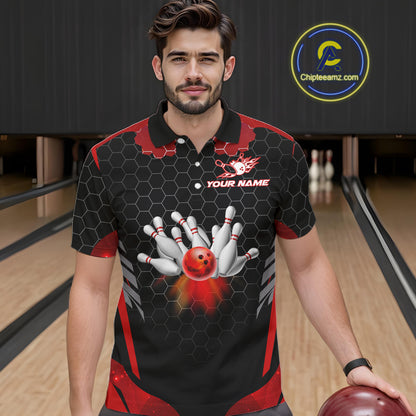 Black and Red Hexagon pattern Bowling Shirts For Men custom bowling team jersey with name NQS11020