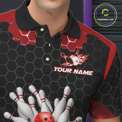 Black and Red Hexagon pattern Bowling Shirts For Men custom bowling team jersey with name NQS11020