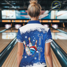 Load image into Gallery viewer, Blue and White snowflake Christmas Bowling Shirts For Women custom Xmas bowling team jersey with name NQS11026