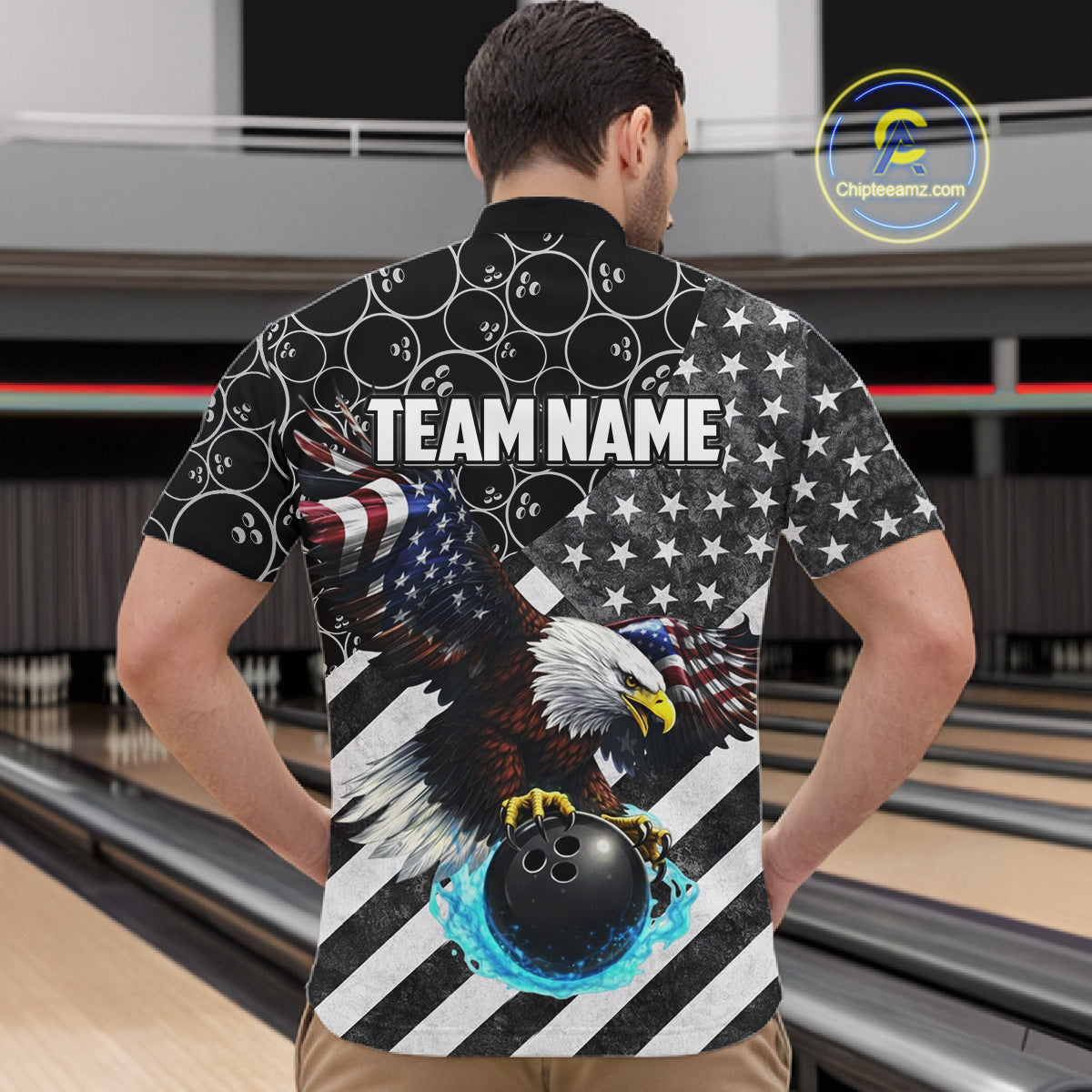 Black and White American flag Eagle Bowling shirt for men custom Patriotic Bowling Team League Jersey NQS11424