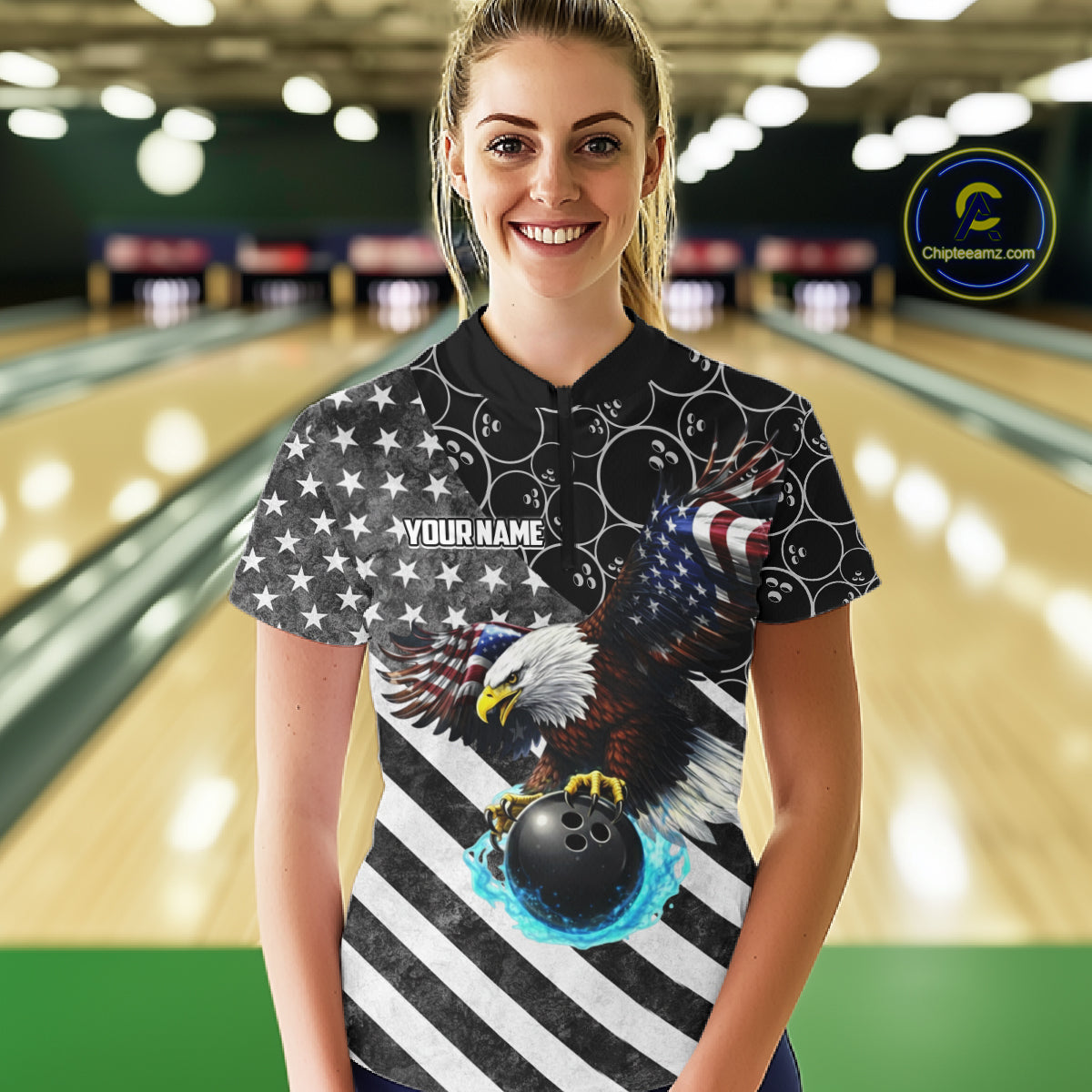 Black and White American flag Eagle Women Bowling shirts custom Patriotic Bowling Team League Jersey NQS11424