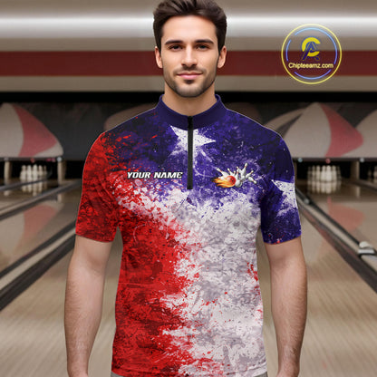 Custom Texas Flag Bowling Polo, 1/4 zip Shirts For Men, Patriotic Texas Bowling Team League Jerseys NQS11626