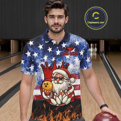 Custom American Flag Flame Funny Santa Christmas Bowling Shirts For Men, Bowling Team Jersey NQS11040
