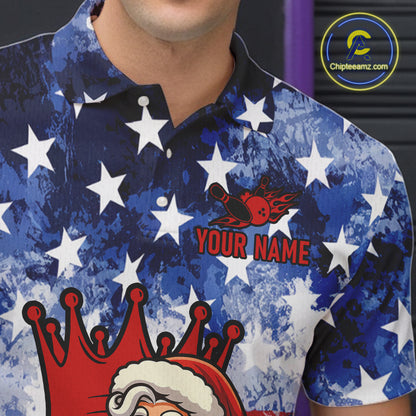 Custom American Flag Flame Funny Santa Christmas Bowling Shirts For Men, Bowling Team Jersey NQS11040