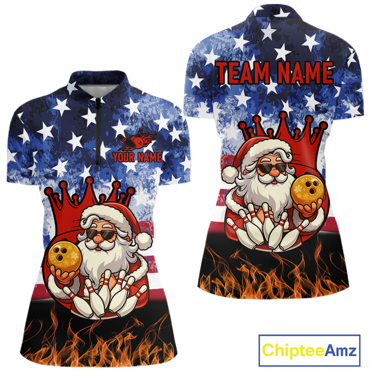 Custom American Flag Flame Funny Santa Christmas Bowling Shirts For Women, Bowling Team Jersey NQS11040