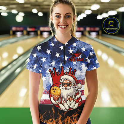 Custom American Flag Flame Funny Santa Christmas Bowling Shirts For Women, Bowling Team Jersey NQS11040