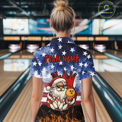 Custom American Flag Flame Funny Santa Christmas Bowling Shirts For Women, Bowling Team Jersey NQS11040