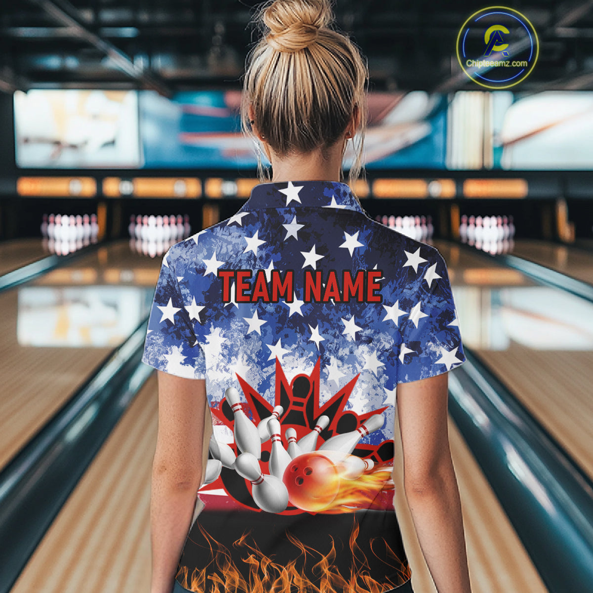 Custom American Flag Flame Bowling Polo, Quarter Zip Shirts For Women, Patriotic Bowling Team Jersey NQS11041