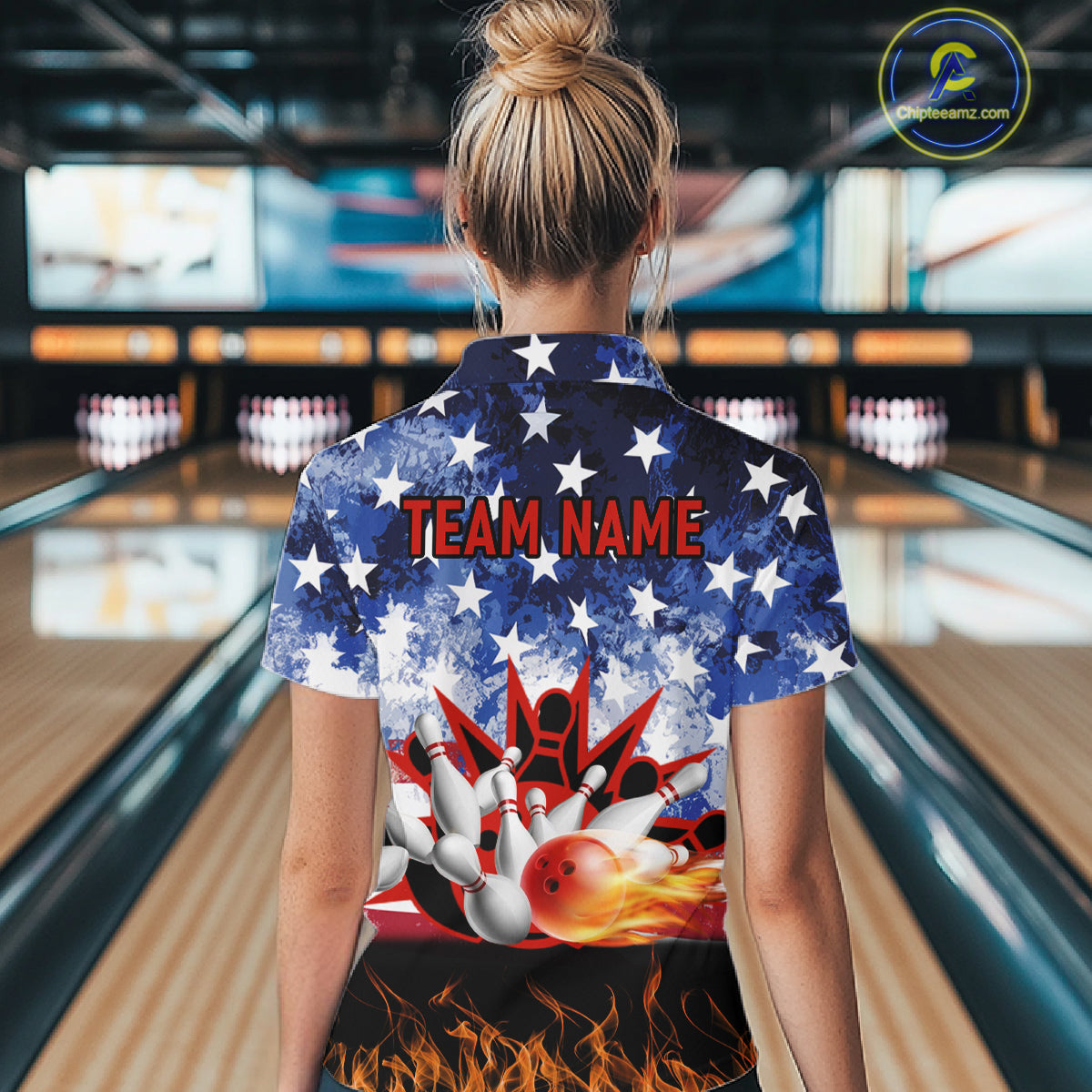 Custom American Flag Flame Bowling Polo, Quarter Zip Shirts For Women, Patriotic Bowling Team Jersey NQS11041