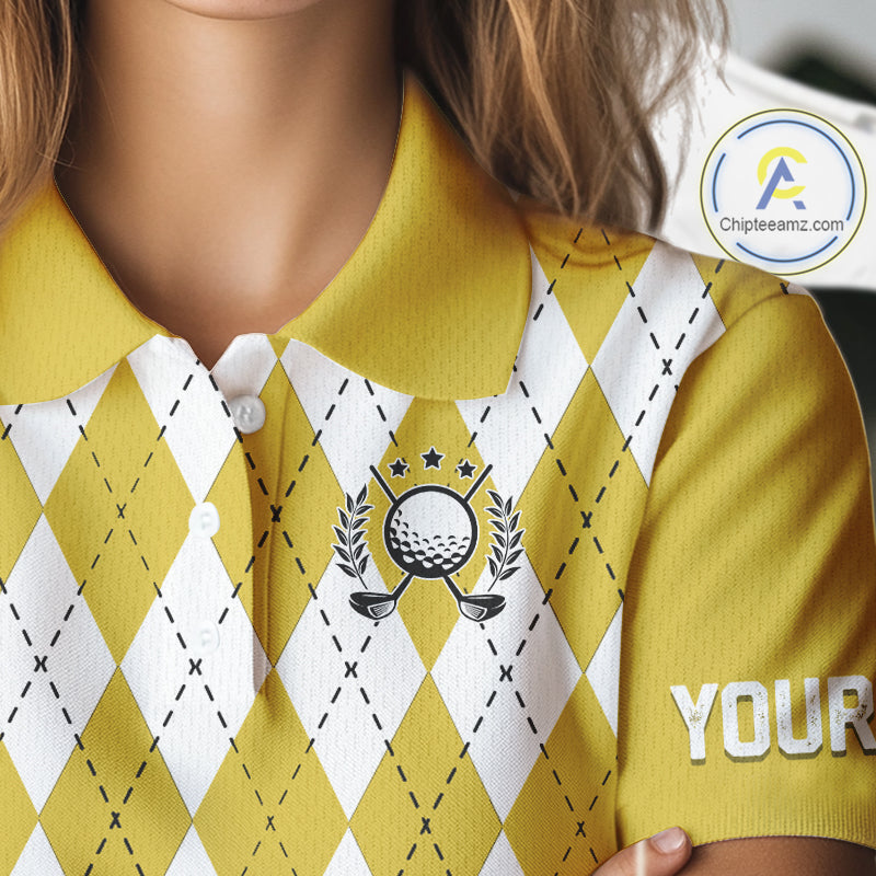 Yellow argyle pattern Beer Golf Polo Shirts For Women Custom My drinking team has a golfing problem NQS10863