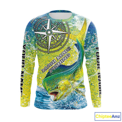 Personalized Mahi Mahi Fishing Shirts Green Scales Compass Performance Tournament Mahi Mahi Jerseys NQS11441