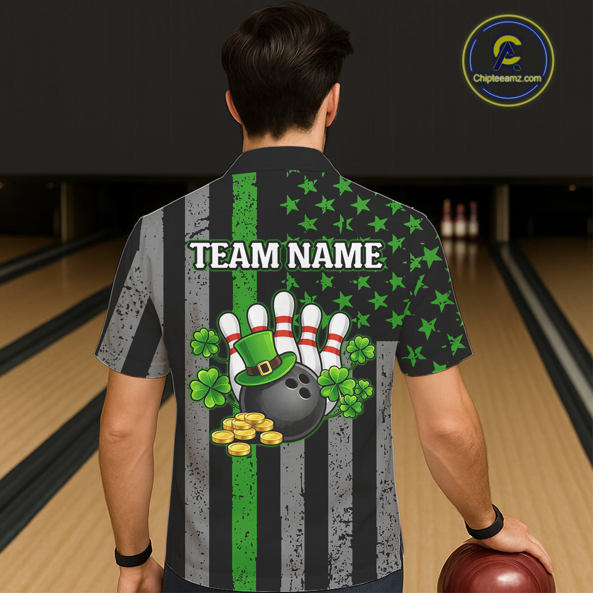 Custom Black Grunge US Flag Patriotic Bowling Button-up Shirt Green Shamrock St Patrick Team Jersey NQS11447
