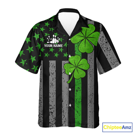 Custom Black Grunge US Flag Patriotic Bowling Button-up Shirt Green Shamrock St Patrick Team Jersey NQS11447