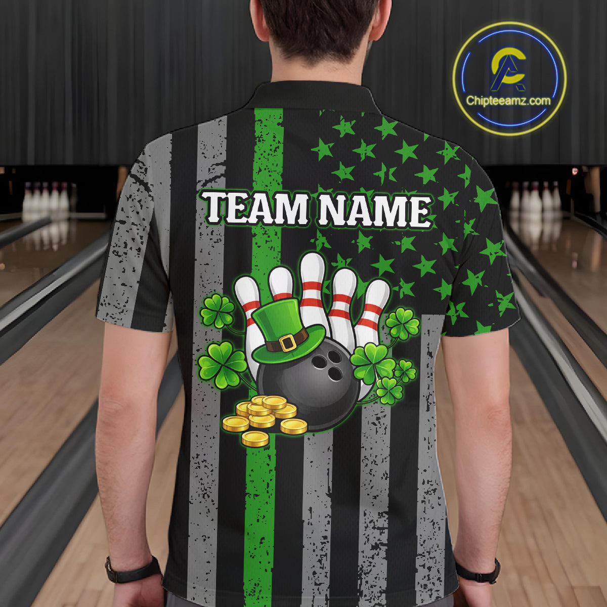 Custom Black Grunge US Flag Patriotic Bowling Shirt For Men Green Shamrock St Patrick Team Jersey NQS11447