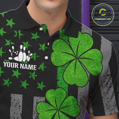 Custom Black Grunge US Flag Patriotic Bowling Shirt For Men Green Shamrock St Patrick Team Jersey NQS11447